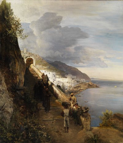 De kust van Amalfi met de trap naar het Kapucijnenklooster door Oswald Achenbach